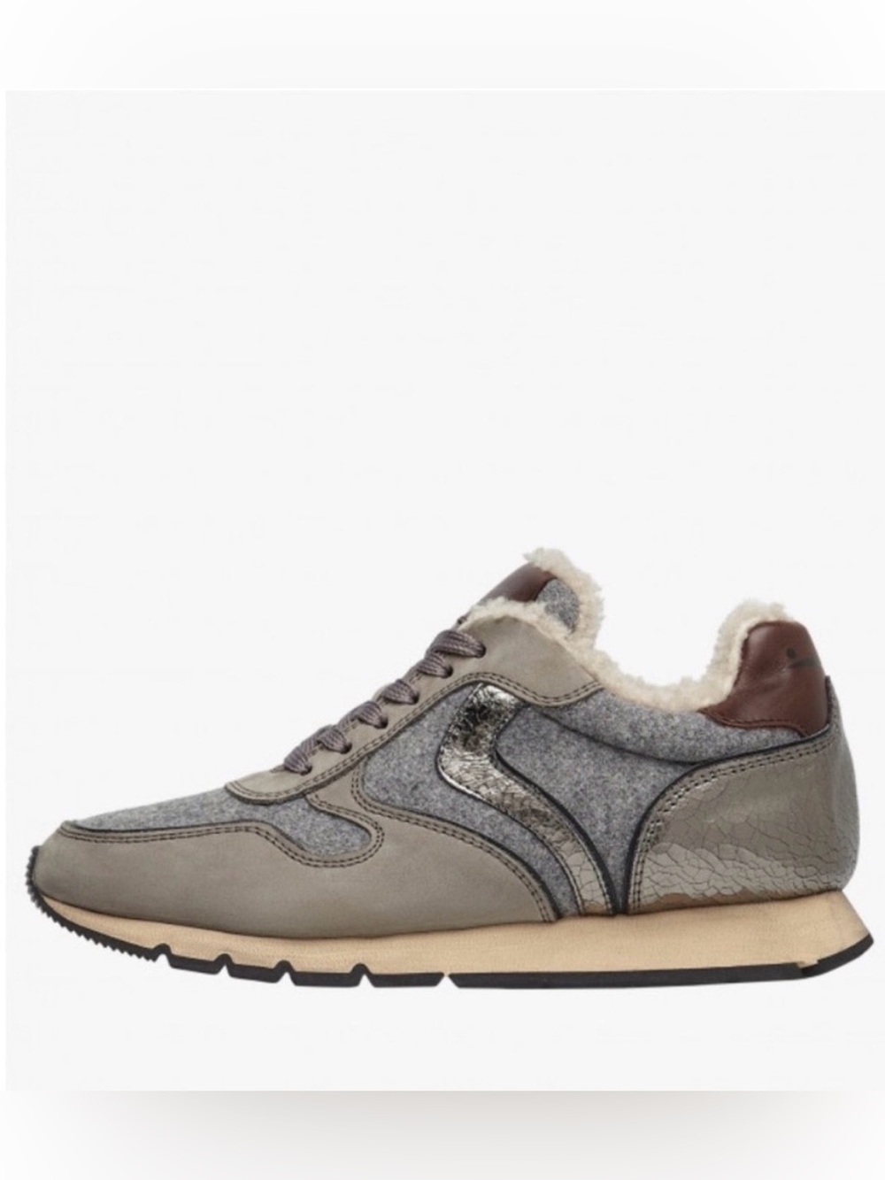 NWT VOILE BLANCHE JULIA Fur Leather and Fabric Sneakers in Grey